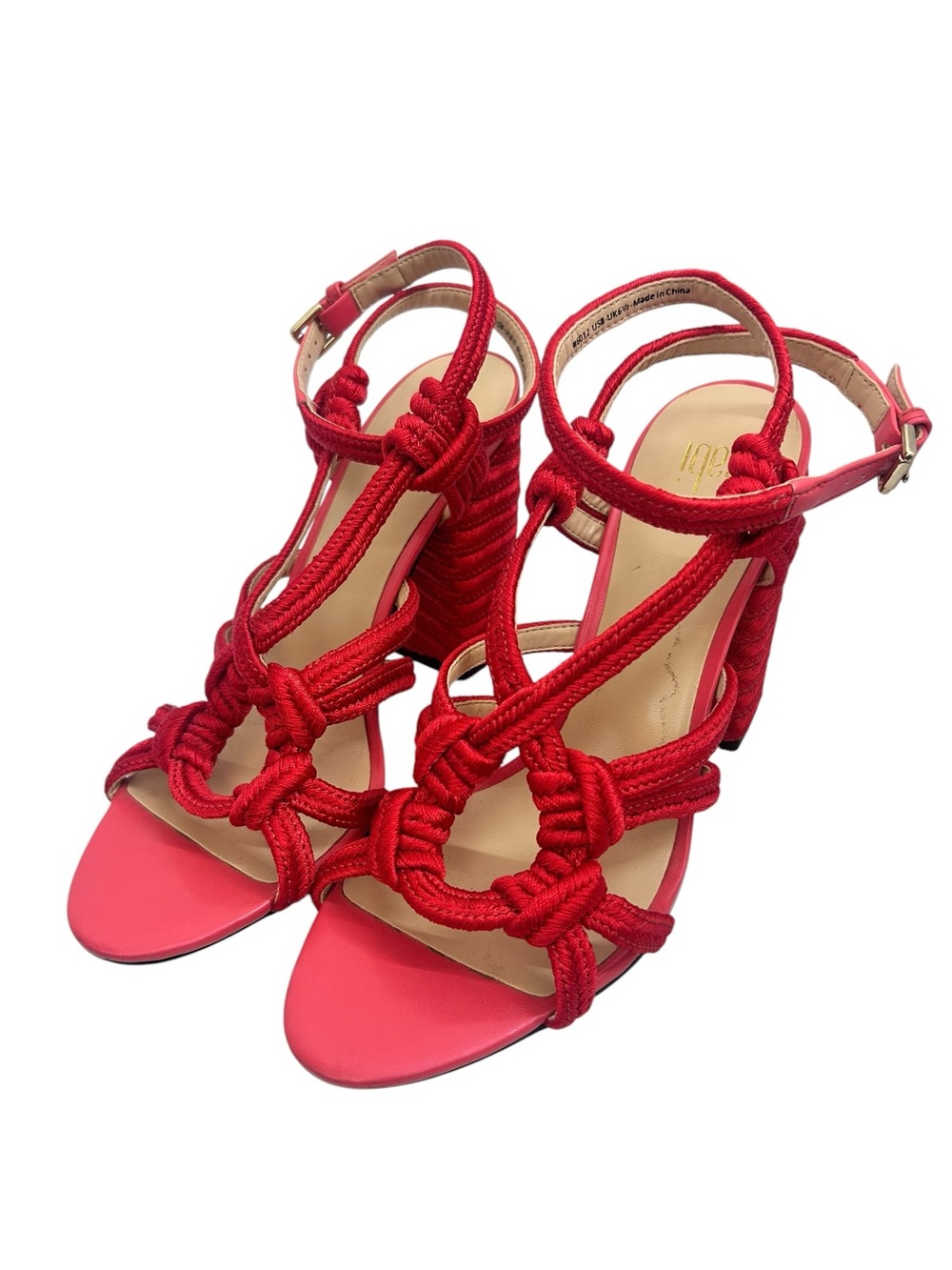 Cabi Tiptoe Rope Sandals Size 8 Hibiscus Red Ankle Strappy Block Heel - Picture 2 of 8